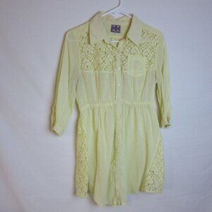 Free People Yellow Lace Tunic Button Front Sheer Blouse Women's 10